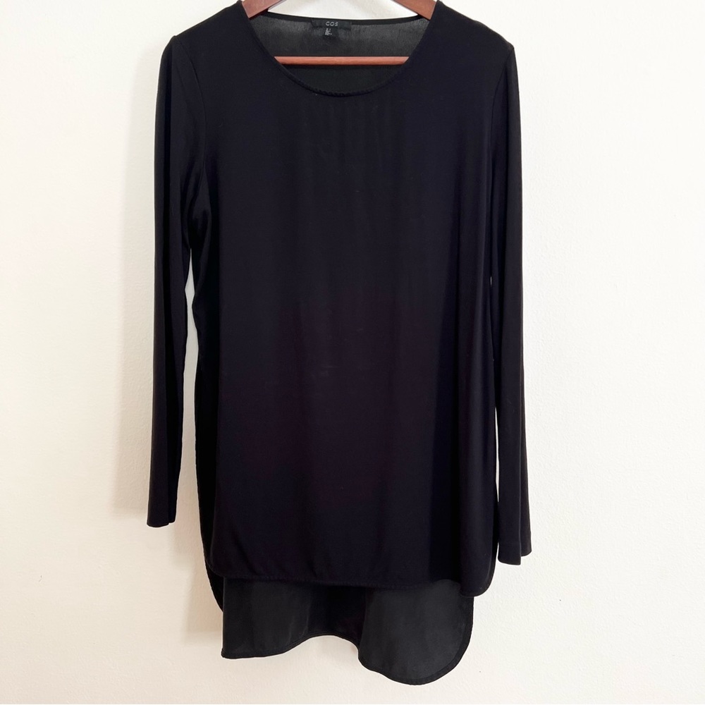 COS 3/4 Sleeve Round Collar Tunic Blouse. Rayon & Silk. Black/Gray, Small